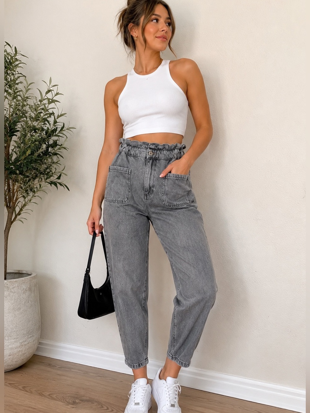 Zara Tapered High Rise Ballon Style Faded Gray Paperbag Waist Denim Jeans Size S